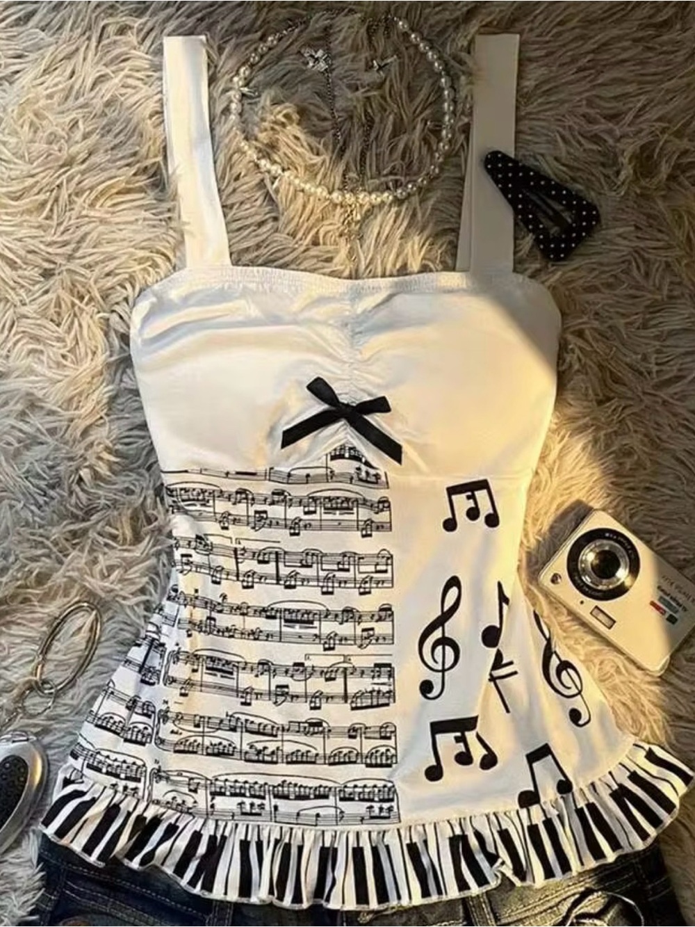White music note piano key ruffle camisole top y2k coquette
